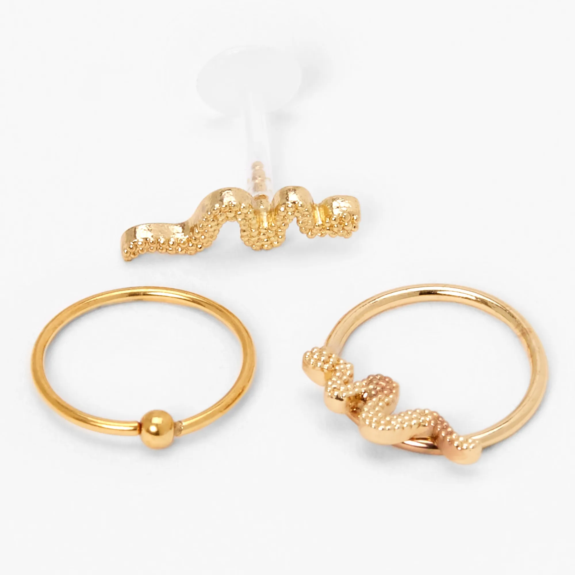 Claire's Bijoux De Piercing-Boucles d'oreilles arrière plat et anneau pour cartilage serpent variés 1,2 mm couleur dorée - Lot de 3