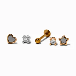 Claire's Bijoux De Piercing-Boucles d'oreilles à arrière plat 1,0 mm pour piercing tragus avec embouts interchangeables étoile, cœur et clou en zircon cubique en acier inoxydable et métaux mixtes - Lot de 5