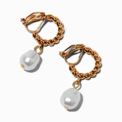 Claire's Anneaux|Clips Et Autocollants-Boucles d'oreilles à clip anneau torsadé couleur dorée et perle d'imitation
