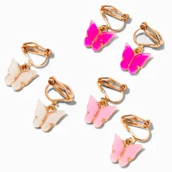 Claire's Clips Et Autocollants|Pendantes-Boucles d'oreilles à clip couleur dorée papillons phosphorescents roses - Lot de 3