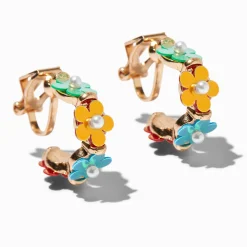 Claire's Anneaux|Clips Et Autocollants-Boucles d'oreilles à clip créoles fleurs en perles d'imitation