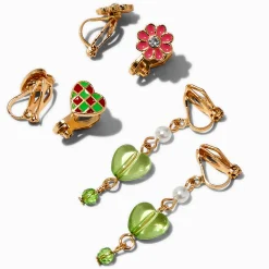 Claire's Clips Et Autocollants-Boucles d'oreilles à clip cœur à carreaux roses - Lot de 3