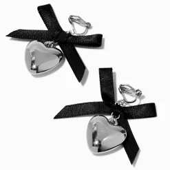 Claire's Clips Et Autocollants-Boucles d'oreilles à clip cœur couleur argentée et noir motif nœud