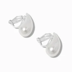 Claire's Clips Et Autocollants-Boucles d'oreilles à clip haricot perle d'imitation blanches