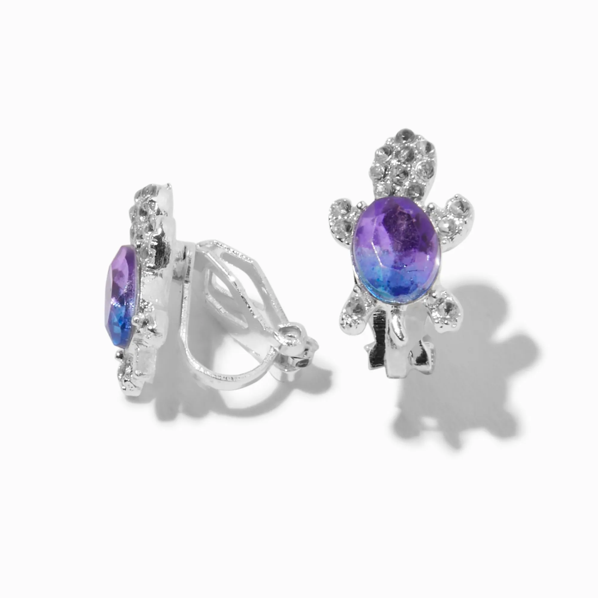 Claire's Clips Et Autocollants|Clous D'oreilles-Boucles d'oreilles à clip pierres bleues et violettes tortue couleur argentée