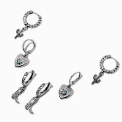 Claire's Anneaux-Boucles d'oreilles créoles superposables cowgirl couleur argentée - Lot de 3