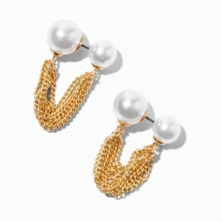 Claire's Pendantes-Boucles d'oreilles devant-derrière avec chaîne de connexion et perle d’imitation couleur dorée