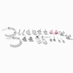 Claire's Anneaux|Pendantes-Boucles d'oreilles empilables perle d'imitation couleur argentée - Lot de 10