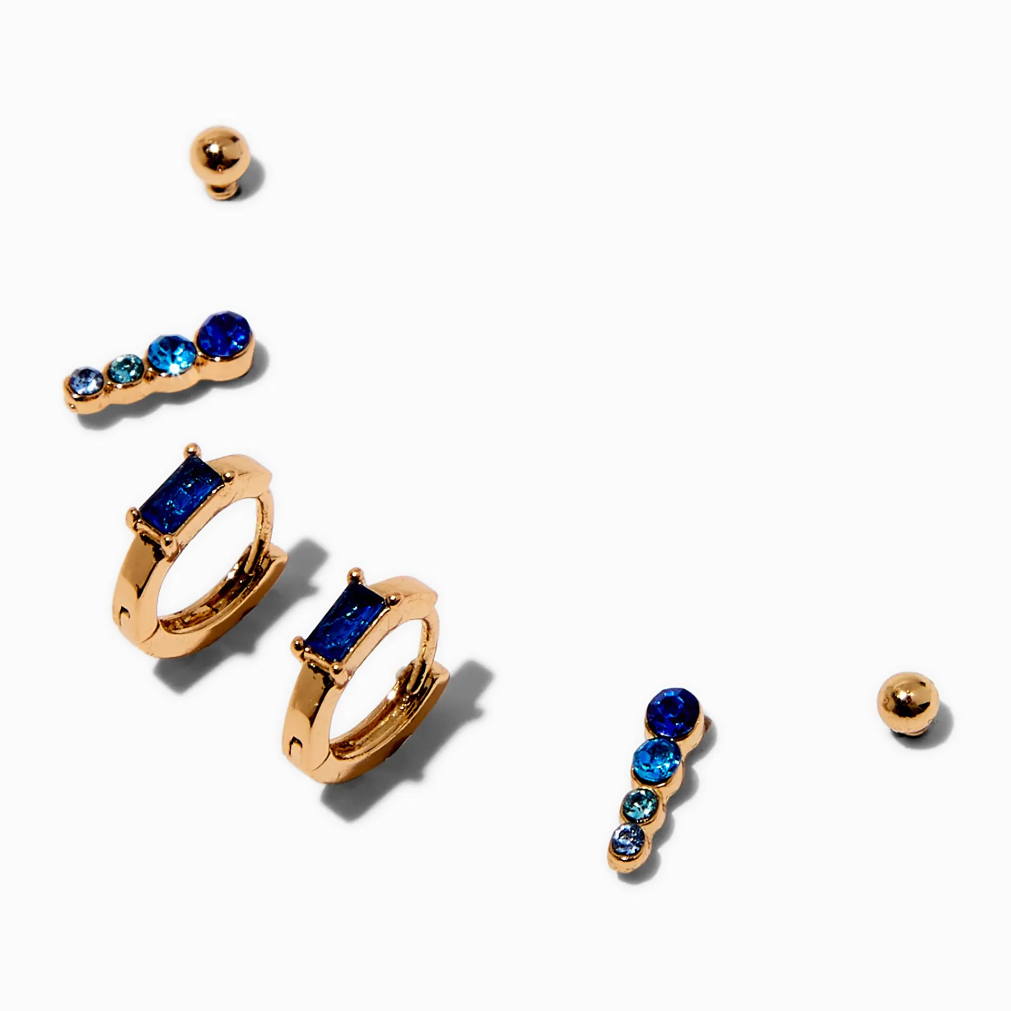 Claire's Anneaux|Clous D'oreilles-Boucles d'oreilles empilables en zircon cubique bleu couleur dorée - Lot de 3