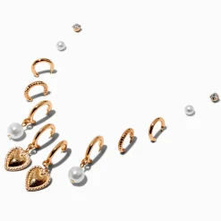 Claire's Anneaux|Clous D'oreilles-Boucles d'oreilles empilables perle d'imitation cœur couleur dorée - Lot de 6