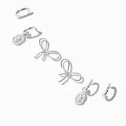 Claire's Anneaux-Boucles d'oreilles empilables perle d'imitation nœud noué couleur argentée - Lot de 3