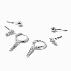 Claire's Anneaux|Clous D'oreilles-Boucles d'oreilles empilables en pointe avec décoration couleur argentée - Lot de 3