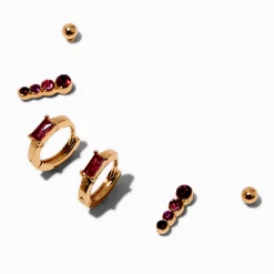 Claire's Anneaux|Clous D'oreilles-Boucles d'oreilles empilables en zircon cubique rouge couleur dorée - Lot de 3