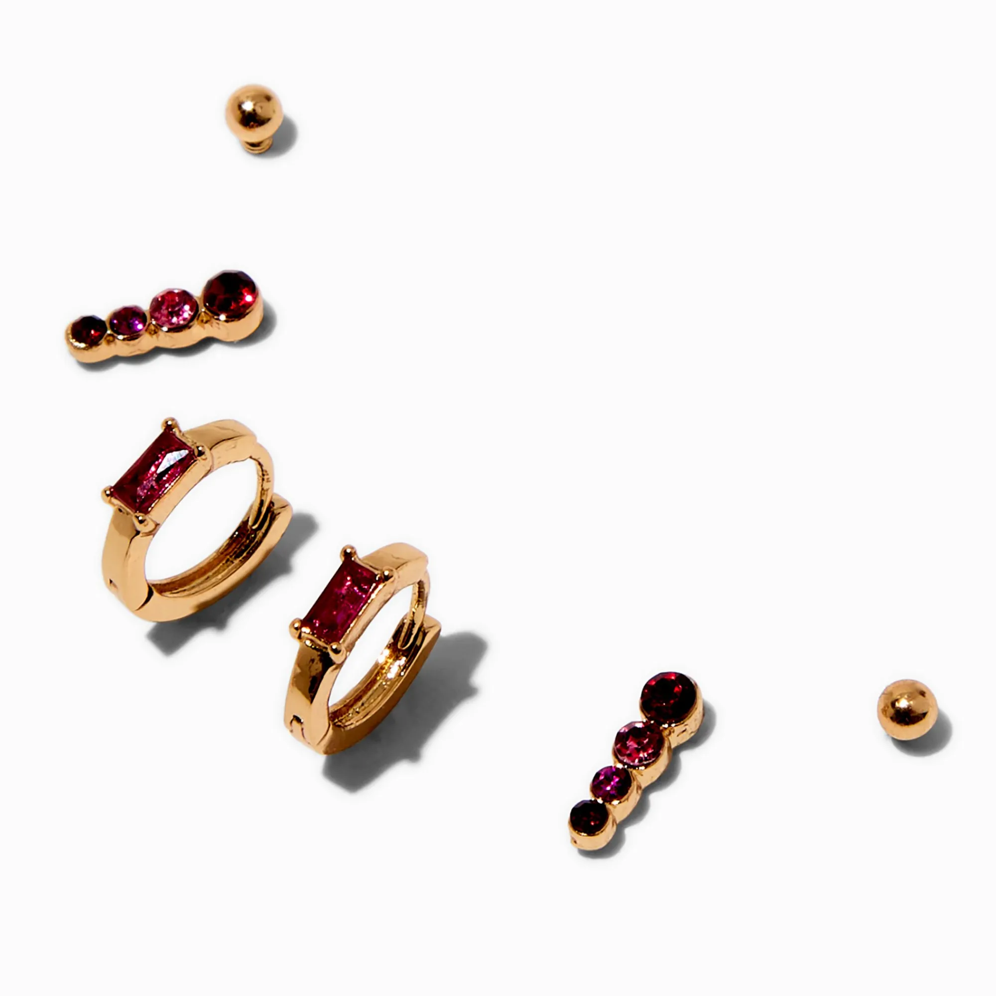 Claire's Anneaux|Clous D'oreilles-Boucles d'oreilles empilables en zircon cubique rouge couleur dorée - Lot de 3
