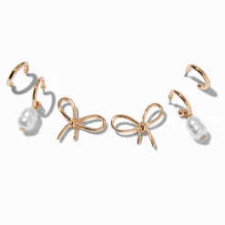 Claire's Anneaux-Boucles d'oreilles empilables perle d'imitation nœud noué couleur dorée - Lot de 3