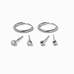 Claire's Bijoux Premium-Boucles d'oreilles en zircon cubique en acier inoxydable couleur argentée - Lot de 3