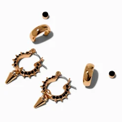 Claire's Anneaux|Clous D'oreilles-Boucles d'oreilles à pointes superposables avec strass noirs couleur dorée - Lot de 3