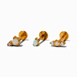 Claire's Bijoux Premium|Bijoux De Piercing-Boucles d'oreilles pour cartilage arrière plat clou 1,0 mm opale d’imitation en titane couleur dorée - Lot de 3