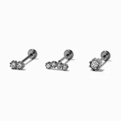 Claire's Bijoux Premium|Bijoux De Piercing-Boucles d'oreilles pour piercing de cartilage non filetées 1,0 mm strass courbé de tailles graduelles en titane - Lot de 3