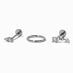 Claire's Bijoux Premium|Bijoux De Piercing-Boucles d'oreilles pour piercing de cartilage non filetées anneaux et clous 1,0 mm strass acier inoxydable couleur argentée - Lot de 3