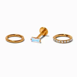 Claire's Bijoux De Piercing-Boucles d'oreilles pour piercing tragus non filetées 1,0 mm en zircon cubique AB iridescent en titane couleur dorée - Lot de 3