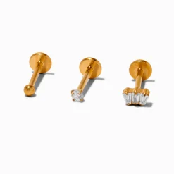 Claire's Bijoux De Piercing-Boucles d'oreilles pour piercing de cartilage non filetées 1,0 mm boule en zircon cubique et titane couleur dorée - Lot de 3