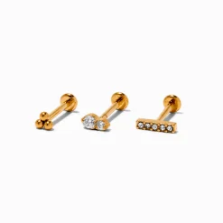 Claire's Bijoux De Piercing-Boucles d'oreilles pour piercing de cartilage non filetées clou de 1,0 mm en zircon cubique et titane couleur dorée - Lot de 3