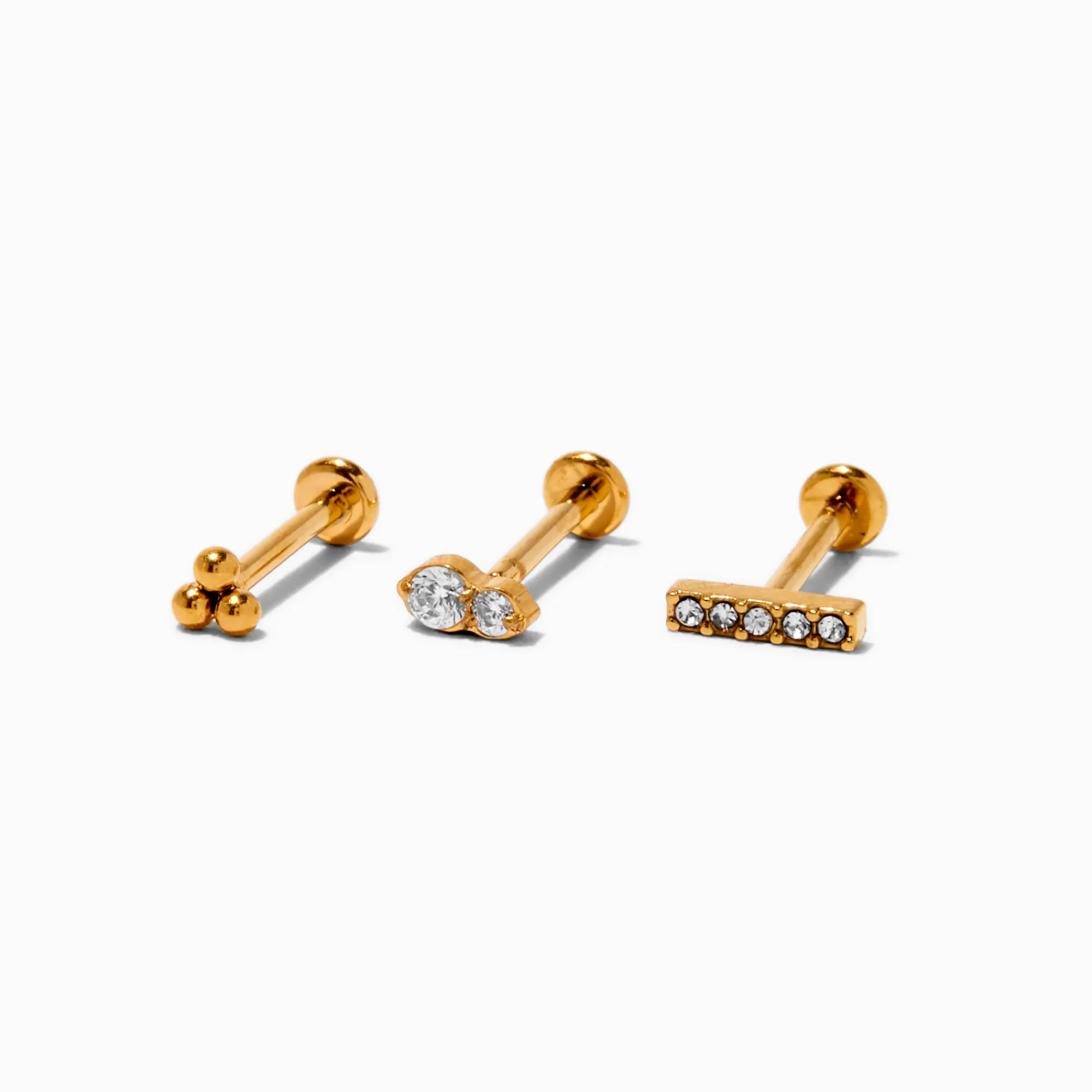 Claire's Bijoux De Piercing-Boucles d'oreilles pour piercing de cartilage non filetées clou de 1,0 mm en zircon cubique et titane couleur dorée - Lot de 3