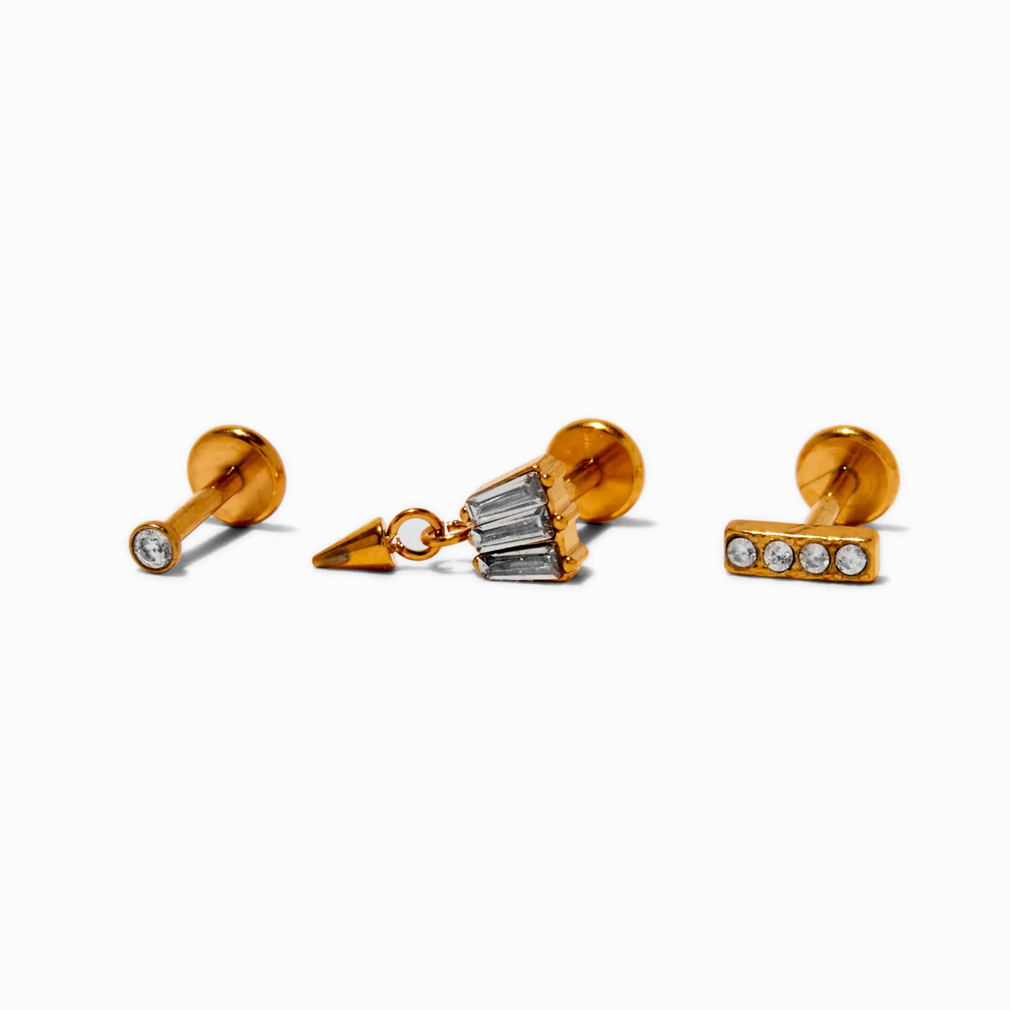 Claire's Bijoux De Piercing-Boucles d'oreilles pour piercing de cartilage non filetées 1,0 mm en strass et titane couleur dorée - Lot de 3