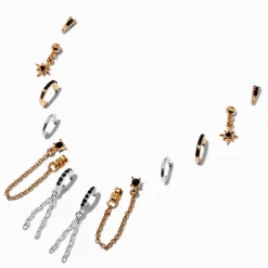 Claire's Anneaux|Pendantes-Boucles d'oreilles reliées strass noir en métaux mixtes - Lot de 6