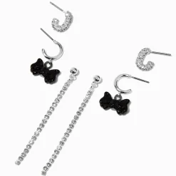 Claire's Anneaux|Pendantes-Boucles d'oreilles superposables chaîne de strass nœud noir couleur argentée - Lot de 3