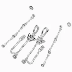 Claire's Anneaux|Pendantes-Boucles d'oreilles superposables reliées par une chaîne papillon couleur argentée - Lot de 3