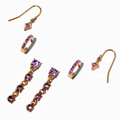 Claire's Pendantes-Boucles d'oreilles superposables en strass violets couleur dorée - Lot de 3