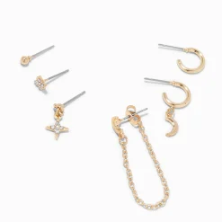 Claire's Anneaux|Clous D'oreilles-Boucles d'oreilles uniques croissant de lune aux designs variés couleur dorée - Lot de 6