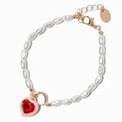 Claire's Bracelets-Bracelet breloque cœur rouge et perle d'imitation