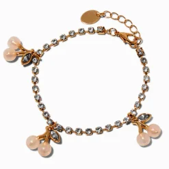 Claire's Bracelets-Bracelet à breloques cerises nacrées avec chaîne de strass couleur dorée