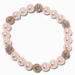 Claire's Bracelets-Bracelet élastique boule de feu couleur doré rose et perle d'imitation rose tendre