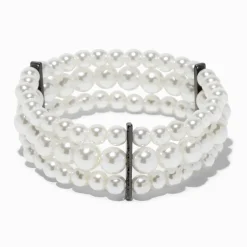 Claire's Bracelets-Bracelet élastique couleur hématite et perles d'imitation à trois rangs