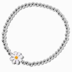 Claire's Bracelets-Bracelet élastique en perles de rocaille couleur argentée breloque marguerite