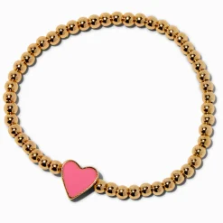 Claire's Bracelets-Bracelet élastique en perles de rocaille couleur dorée breloque cœur rose