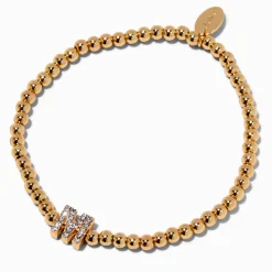 Claire's Bracelets-Bracelet élastique à initiale pavé perlé couleur dorée - M