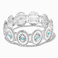 Claire's Bracelets-Bracelet élastique médaillon à fleurs turquoise d'imitation en filigrane rond couleur argentée