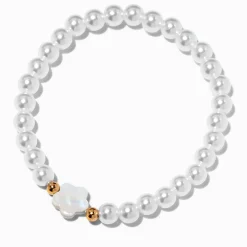 Claire's Bracelets-Bracelet élastique perlé couleur argentée et fleurs blanches