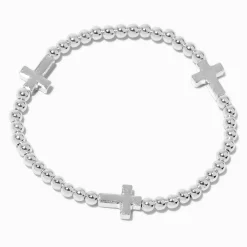 Claire's Bracelets-Bracelet élastique perlé croix couleur argentée
