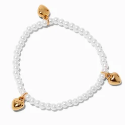 Claire's Bracelets-Bracelet élastique perle d’imitation et cœur couleur dorée