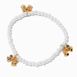 Claire's Bracelets-Bracelet élastique perlé perles d'imitation et nœud couleur dorée