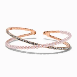 Claire's Bracelets-Bracelet manchette motif entrecroisé perle d'imitation rose tendre et strass couleur doré rose