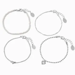 Claire's Bracelets-Bracelets de chaîne perle d'imitation et cœur couleur argentée - Lot de 4