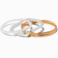 Claire's Bracelets-Bracelets fins bangle texturés couleur dorée et cœur perle d'imitation - Lot de 5
