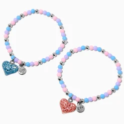 Claire's Bracelets-Bracelets élastiques en perles de rocaille cœurs pailletés best friends - Lot de 2